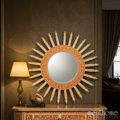 Decorative Sunburst Wall Mirror with Intricate Inlay Design | Luxury Handmade Mirror