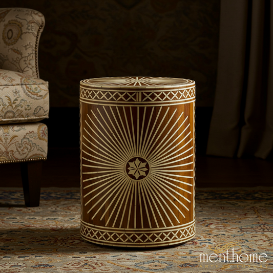 Decorative Wooden Round Side Table with Sunburst Inlay | Luxury Handmade Stool