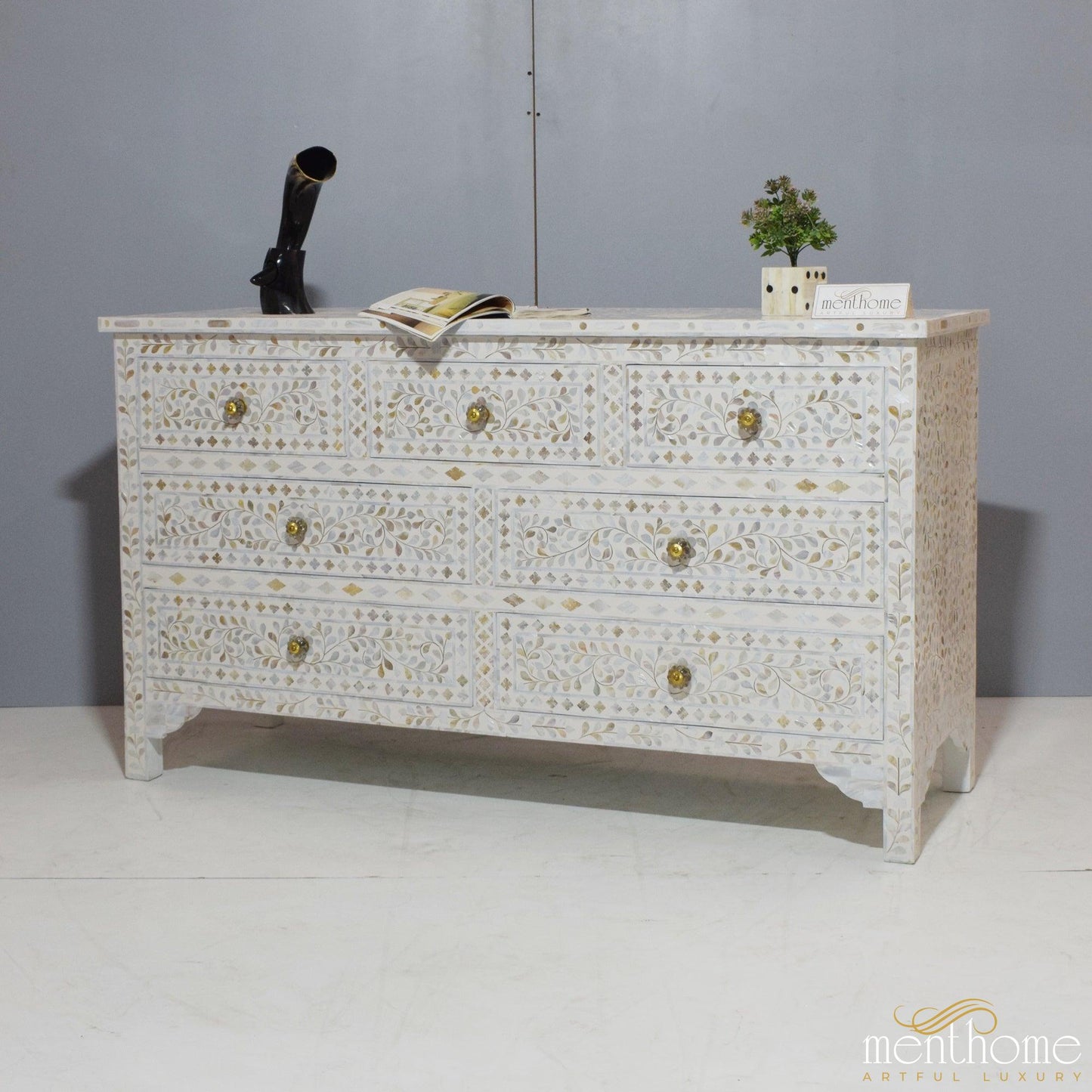 7-drawer Motehr of Pearl Floral Pattern White Dresser | Luxury Handmade Dresser