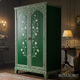 Handcrafted Green Floral Inlay Wooden Wardrobe | Luxury Handmade Wardrobe