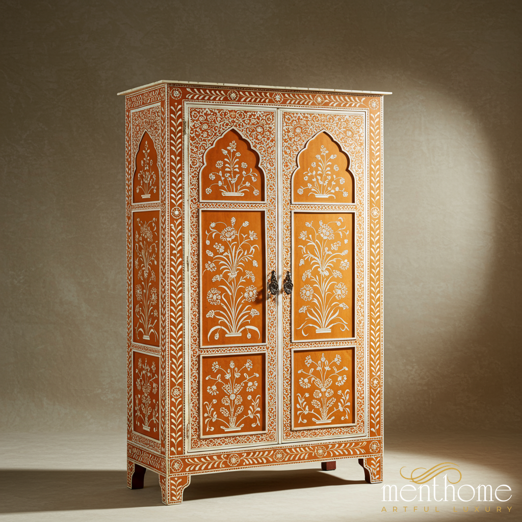 Handcrafted Floral Inlay Wooden Wardrobe | Luxury Handmade Cabinet
