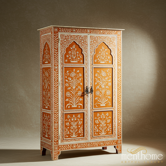 Handcrafted Floral Inlay Wooden Wardrobe | Luxury Handmade Cabinet