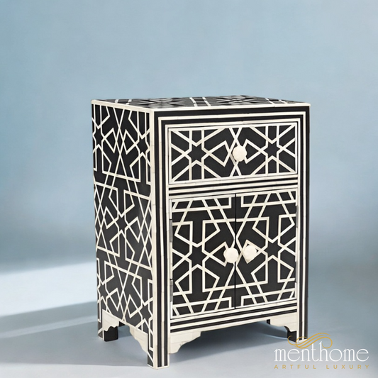 Bone Inlay Bedside Table with a Captivating Geometrical Pattern | Luxury Handmade Bedside Table