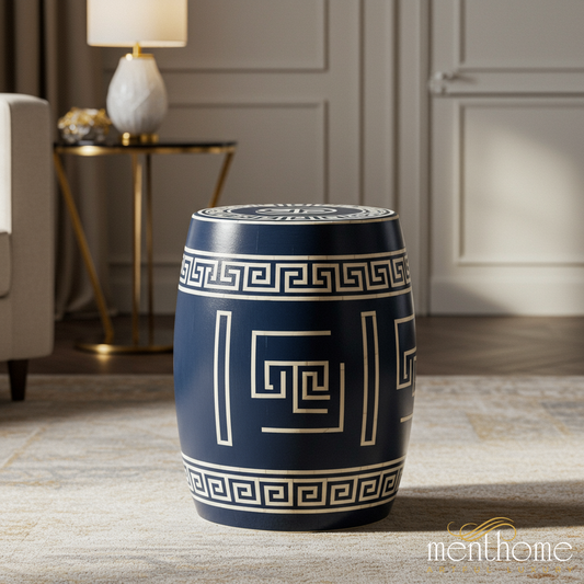 Blue inlay Garden Stool with Greek Key Pattern | Luxury Handmade Stool