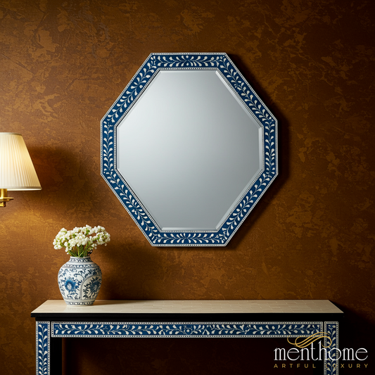 Octagonal Blue and White Decorative Wall Mirror | Luxury Handmade Mirror