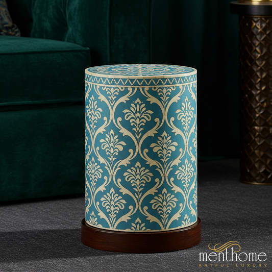 Decorative Blue and Cream Patterned Side Table | Luxury Handmade Stool