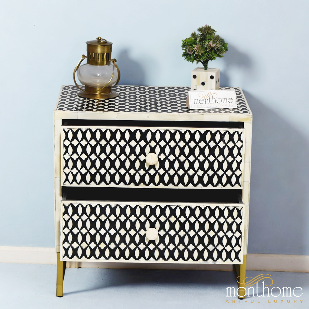 Eye Pattern 2 drawer Bedside Table Black Bone Inlay | Luxury Handmade Bedside Table