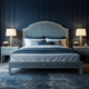 Luxury Blue Patterned Upholstered Bed with Matching Nightstands