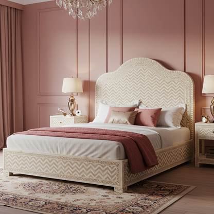 Luxury Ivory Patterned King Bed with Curved Headboard