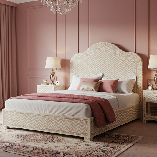 Luxury Ivory Patterned King Bed with Curved Headboard