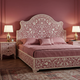 Luxurious Floral Inlaid King-Size Bed with Matching Nightstands