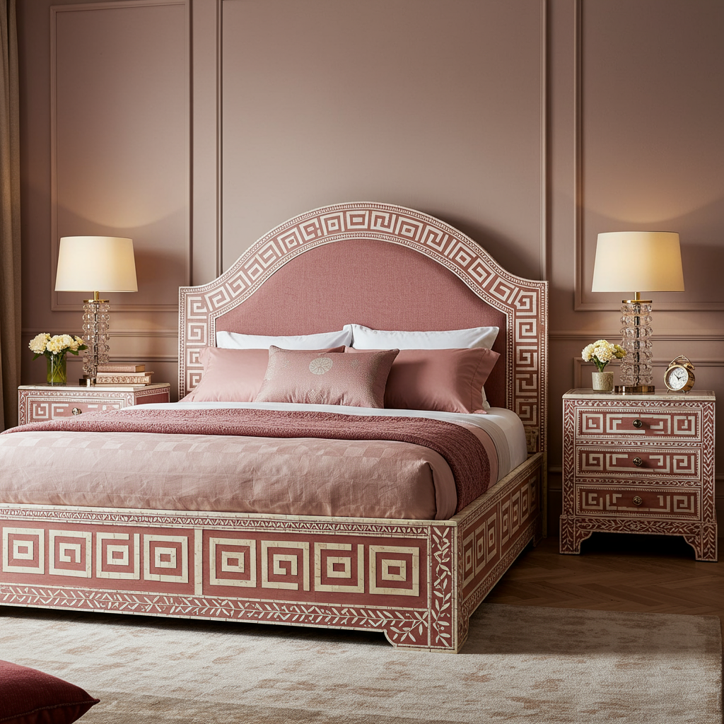 Luxury Greek Key Pattern King Bed with Matching Nightstands – Menthome ...