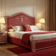 Luxury Red Upholstered Queen Bed with Intricate Bone Inlay Design
