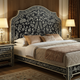 Luxury Black and White Floral Inlay King Bed with Matching Nightstand