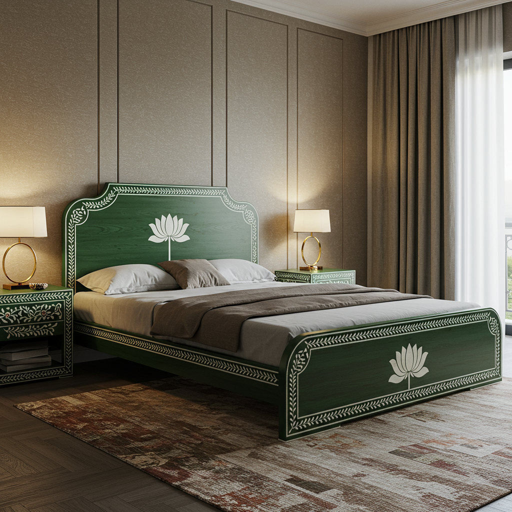 Elegant Hand-Painted Green Wooden Bed with Lotus Motif