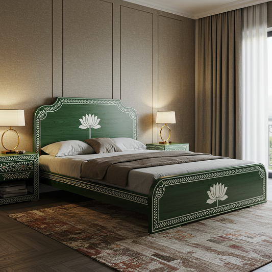 Elegant Hand-Painted Green Wooden Bed with Lotus Motif