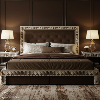 Luxury Brown Upholstered Bed with Greek Key Detailing