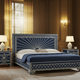 Luxury Navy Blue Handcrafted Bone Inlay King Bed with Side Tables