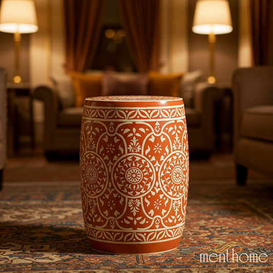 Handcrafted Terracotta Garden Stool with Intricate Floral Design | Luxury Handmade Stool