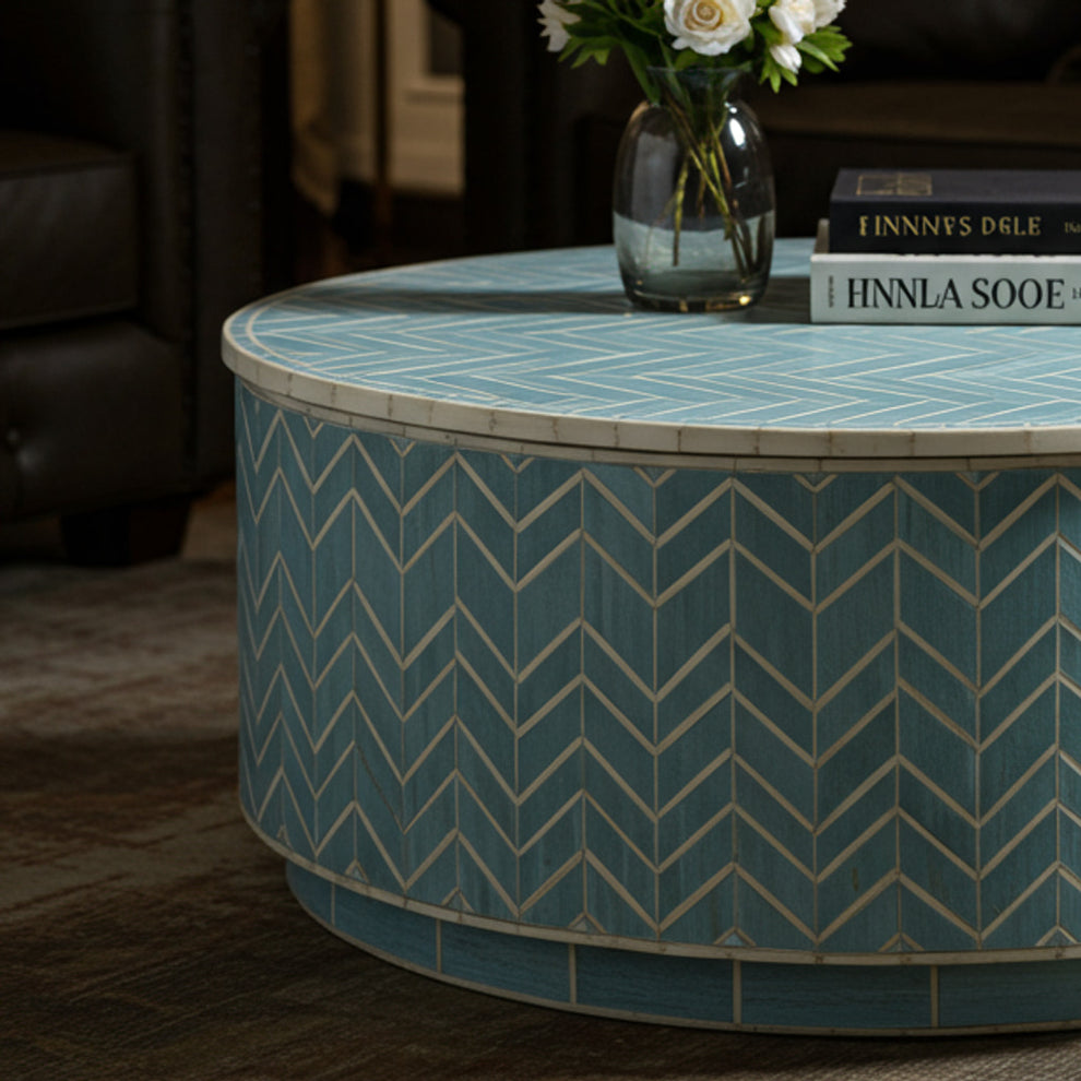 View of Blue Geometric Pattern Round Coffee Table | Luxury Handmade Coffee Tab ...