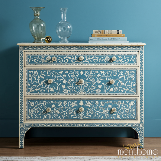Handcrafted Blue Floral Inlay Chest of Drawers | Luxury Handmade Dresser