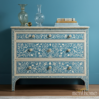Handcrafted Blue Floral Inlay Chest of Drawers | Luxury Handmade Dresser