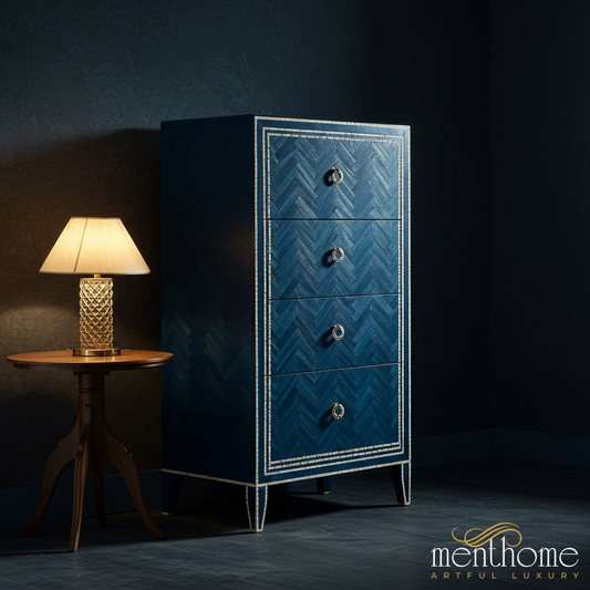 Blue Herringbone Pattern Four-Drawer Chest with Brass Accents | Luxury Handmade Tallboy