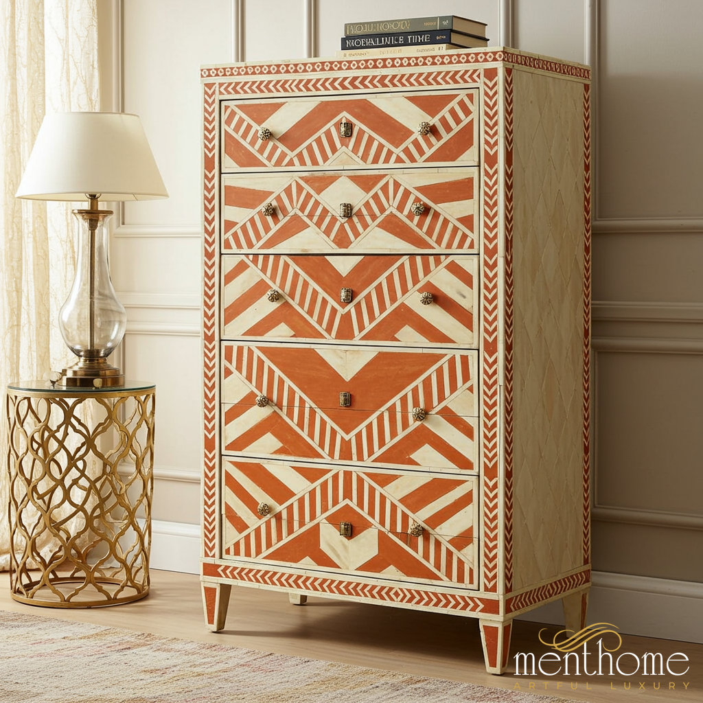 Hand-Painted Geometric Pattern Wood Chest of Drawers | Luxury Handmade Tallboy