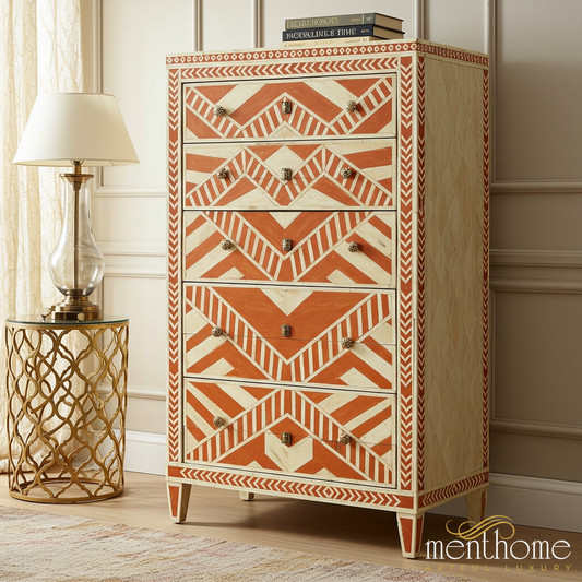 Hand-Painted Geometric Pattern Wood Chest of Drawers | Luxury Handmade Tallboy