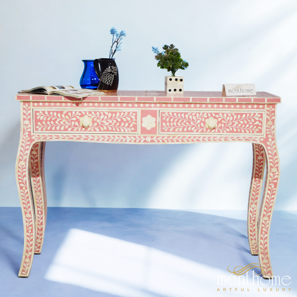2-Drawers Pink Floral Boen Inlay Bedside Table | Luxury Handmade Bedside Table