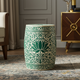 Green and White Floral Patterned inlay Garden Stool | Luxury Handmade Stool