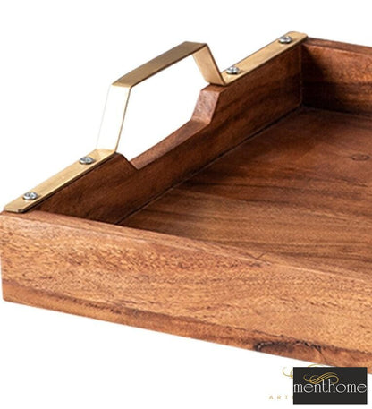 Plaid Brown Teak Wood Serving Tray | Luxury Handmade Trays