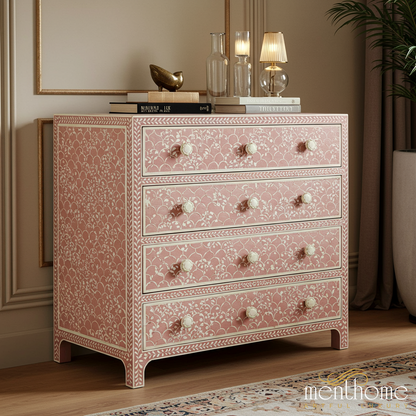 Hand-Painted Pink Floral Wooden Chest of Drawers | Luxury Handmade Chest of Drawer