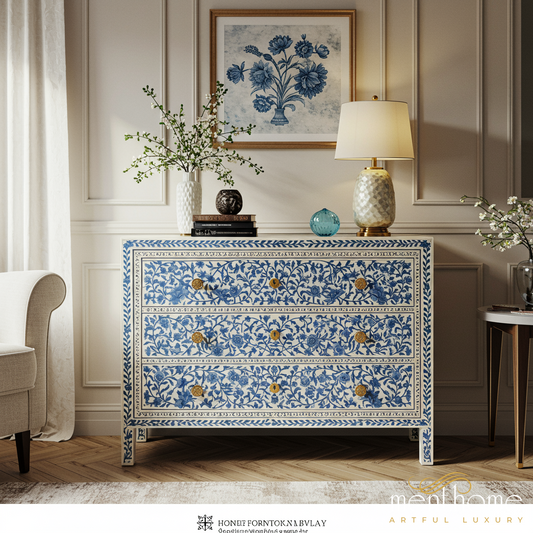 Blue Floral Hand-Painted Wooden Chest of Drawers | Luxury Handmade Dresser