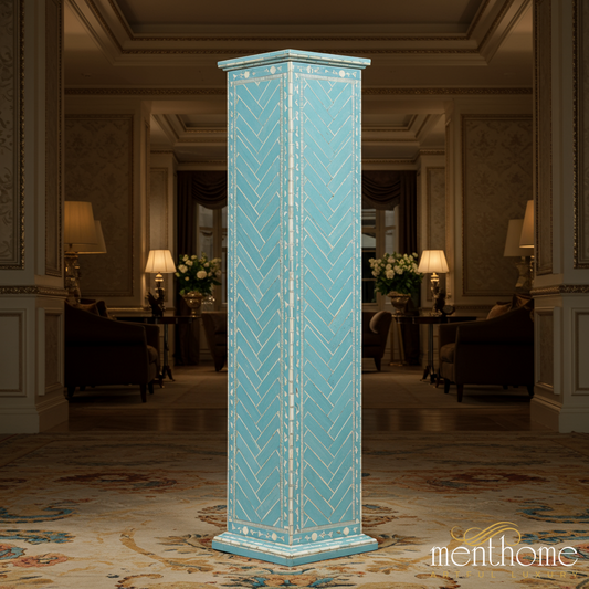Decorative Turquoise Blue Storage Cabinet with Inlay Design | Luxury Handmade Tallboy