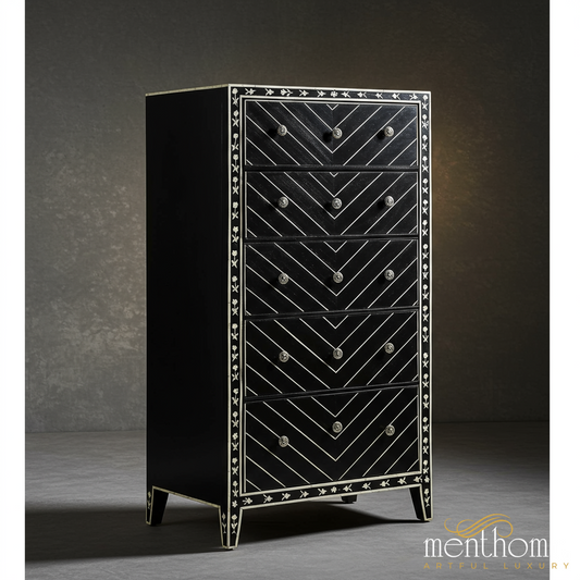 Black Wooden Chest of Drawers with Bone Inlay | Luxury Handmade Tallboy