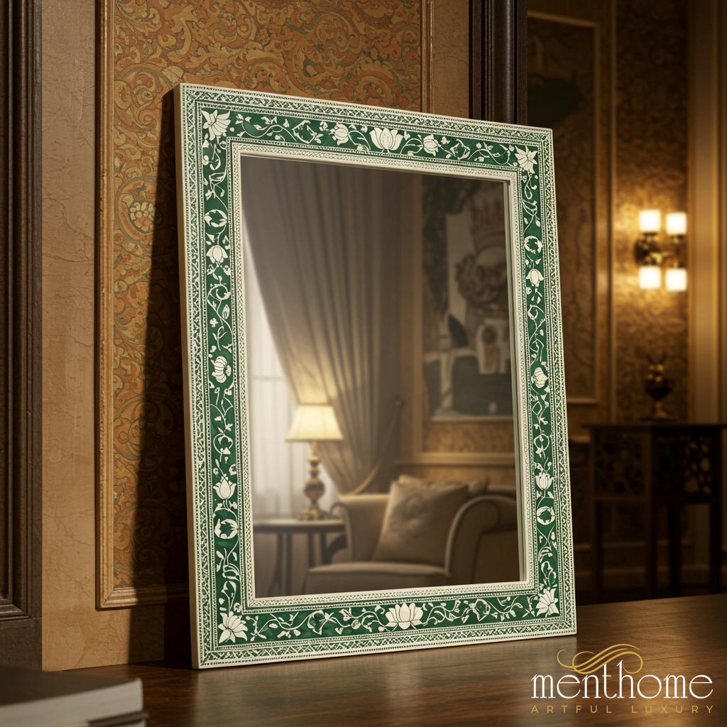 Elegant Green and White Floral Inlay Mirror | Luxury Handmade Mirror