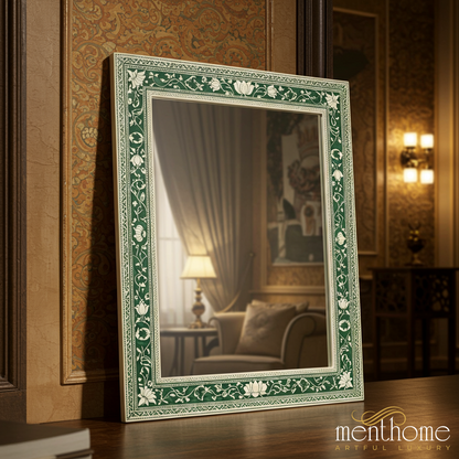 Elegant Green and White Floral Inlay Mirror | Luxury Handmade Mirror