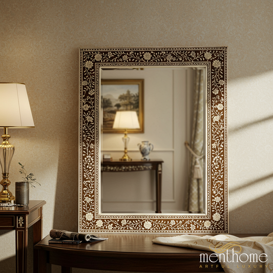 Vintage Floral Inlay Wooden Frame Mirror | Luxury Handmade Mirror