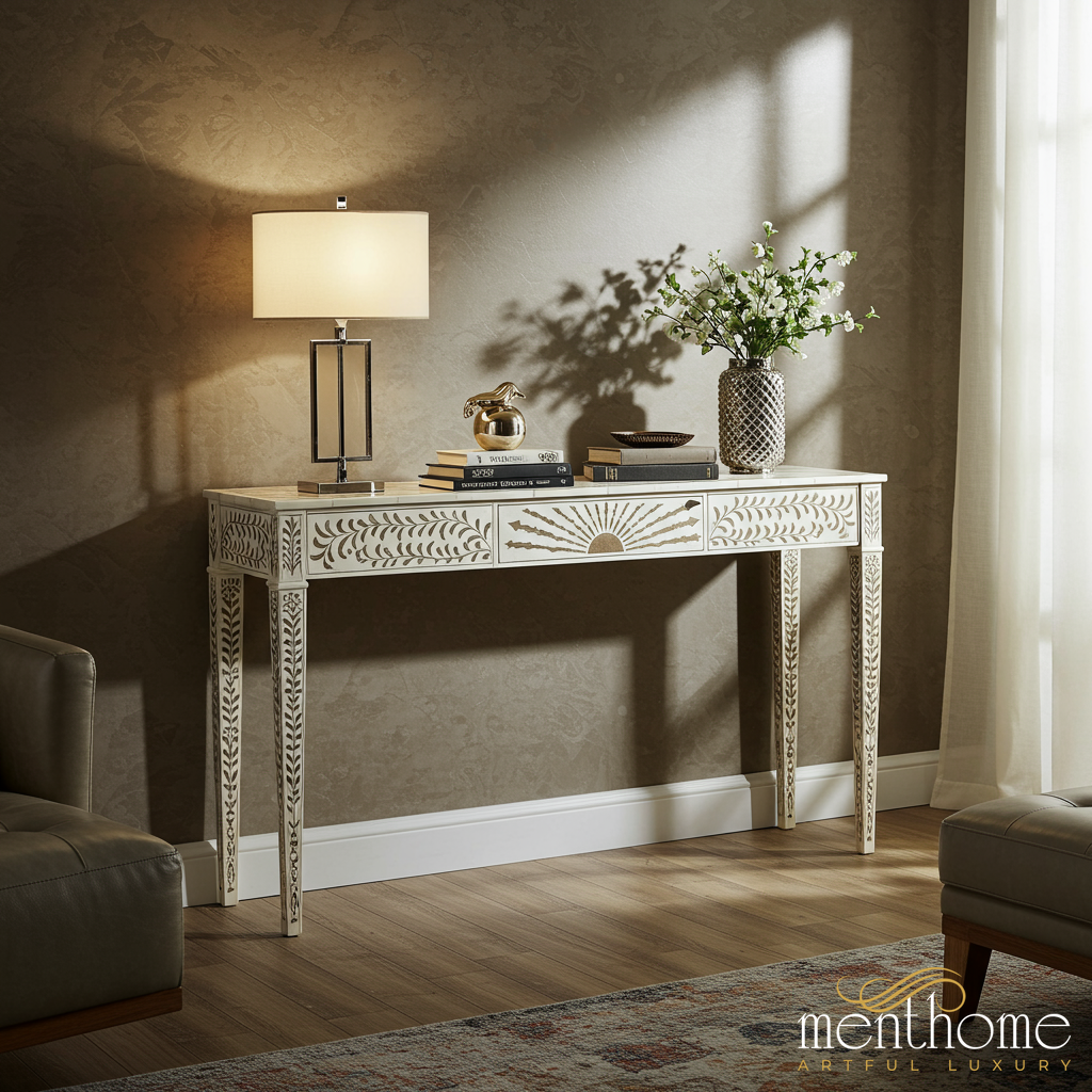 Hand-Painted Wooden Console Table with Sunburst Design | Luxury Handmade Console