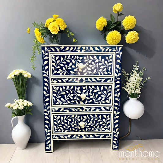 Leaf Design Black and White 3 Drawer Resin Bedside Table | Luxury Handmade Bedside Table