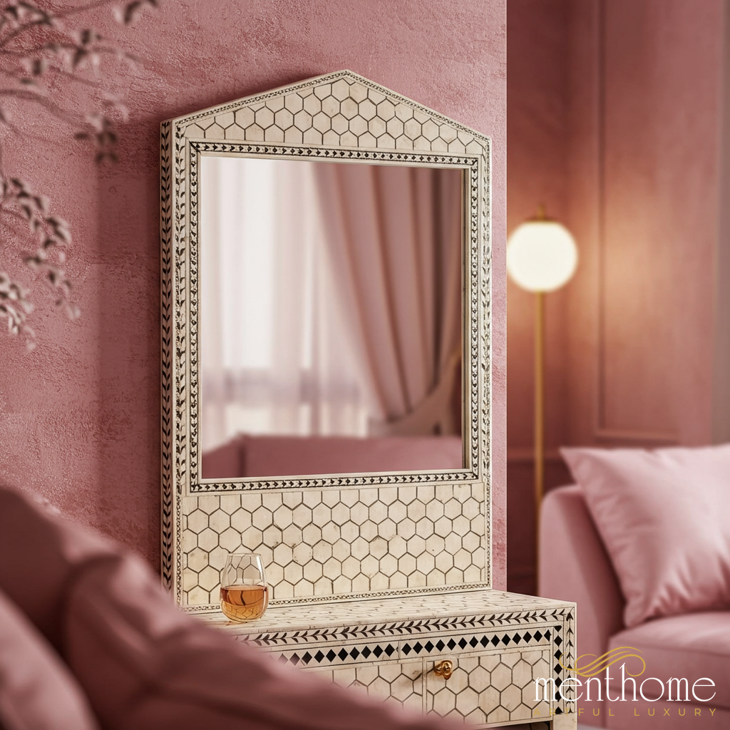 Decorative Wooden Wall Mirror with Inlaid Pattern | Luxury Handmade Mirror