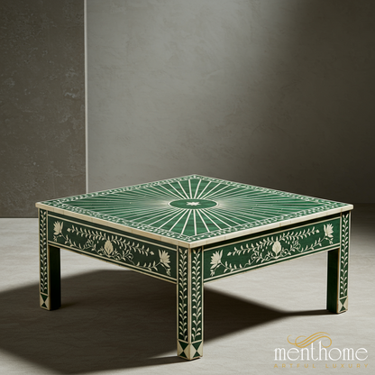 Elegant Green Floral Inlay Coffee Table | Luxury Handmade Coffee Table