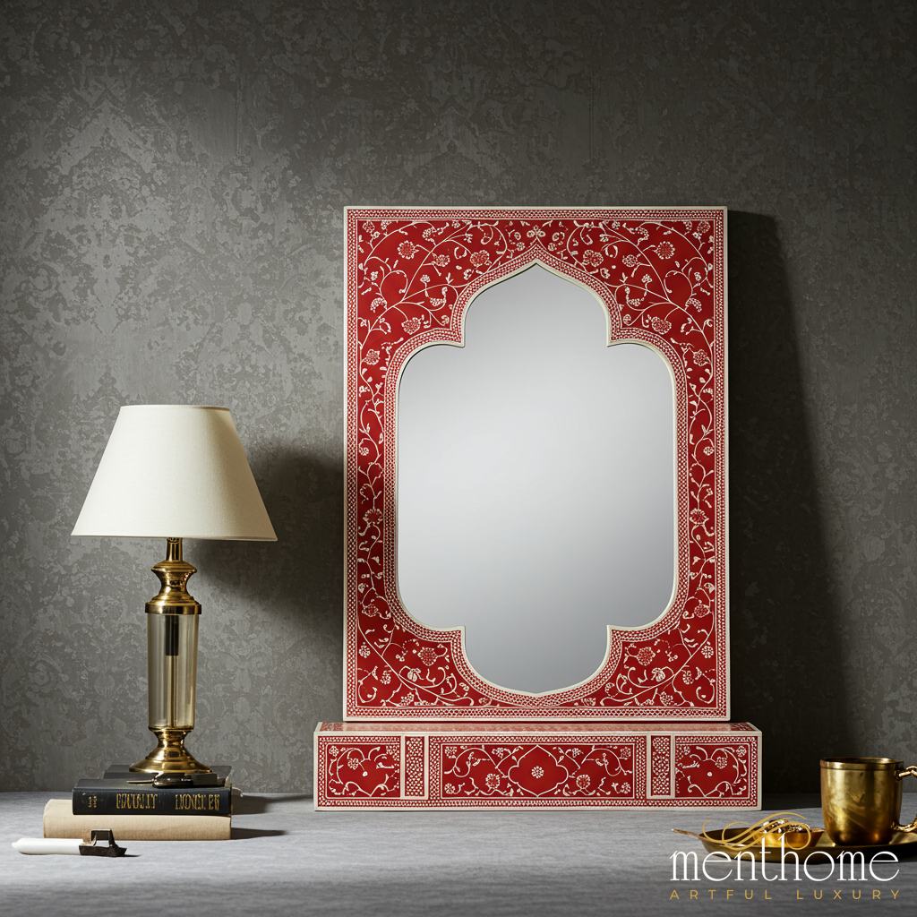 Handcrafted Red Floral Inlaid Table Mirror | Luxury Handmade Mirror
