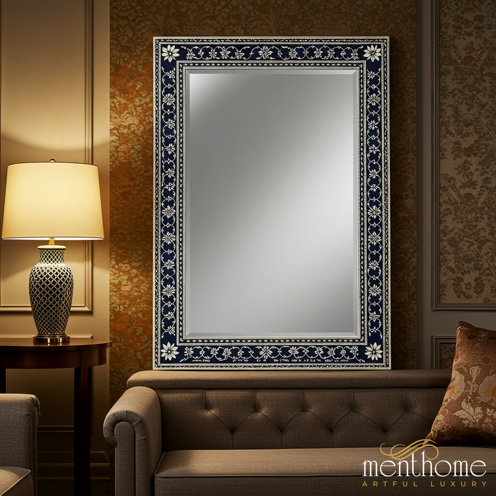 Decorative Blue Floral Pattern Wall Mirror | Luxury Handmade Mirror