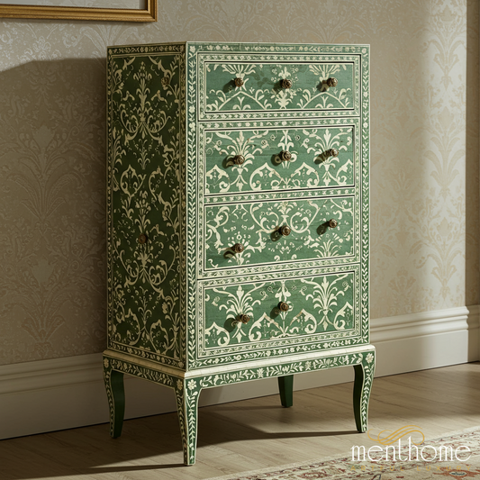 Green Floral Pattern Hand-Painted Chest of Drawers | Luxury Handmade Tallboy
