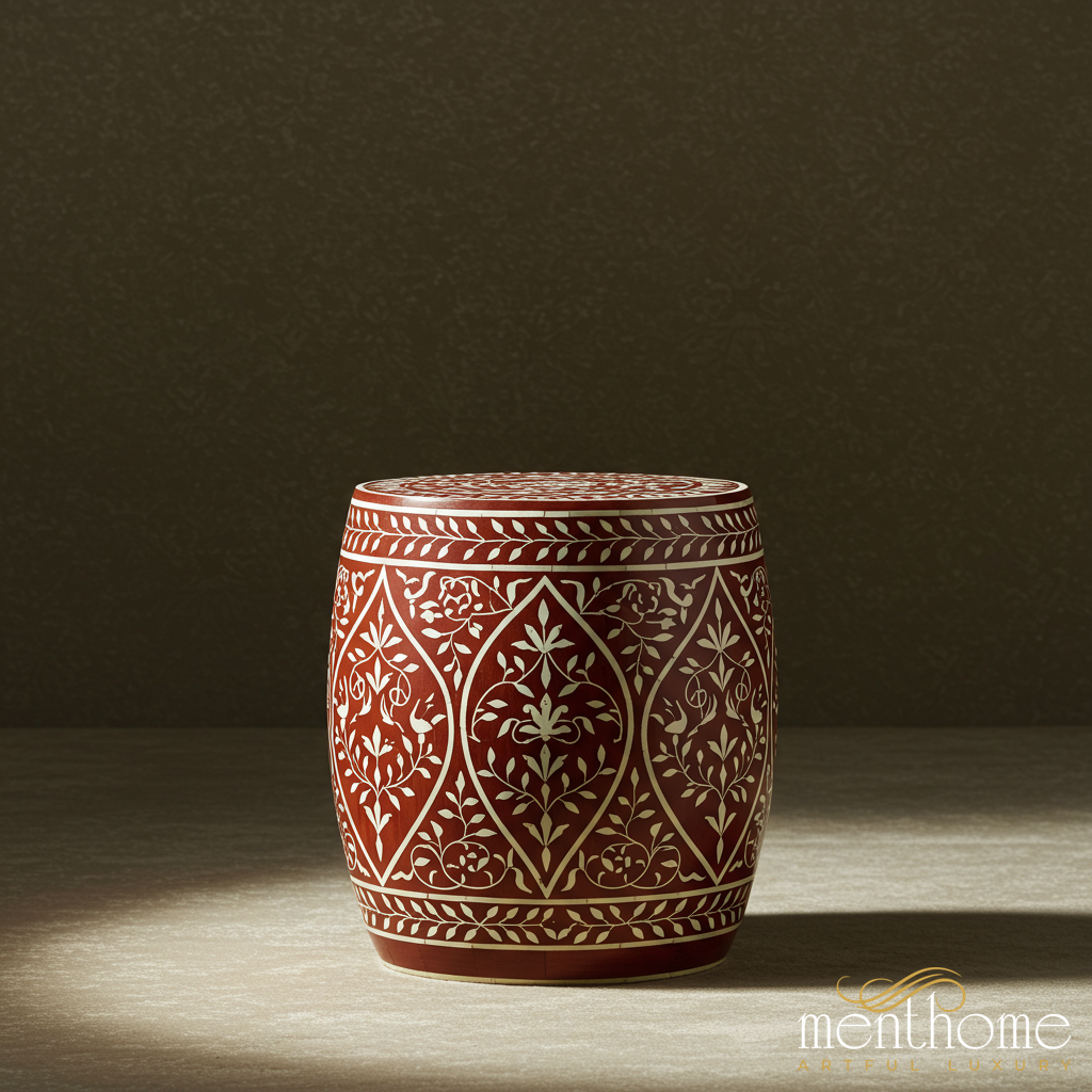 Handcrafted Red and White Floral Patterned inlay Garden Stool | Luxury Handmade Stool