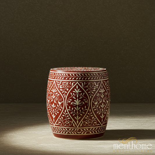 Handcrafted Red and White Floral Patterned inlay Garden Stool | Luxury Handmade Stool