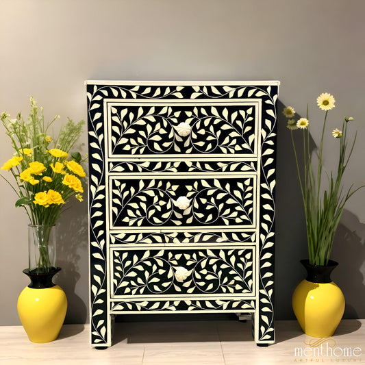 Leaf Design Black and White 3 Drawer Resin Bedside Table | Luxury Handmade Bedside Table
