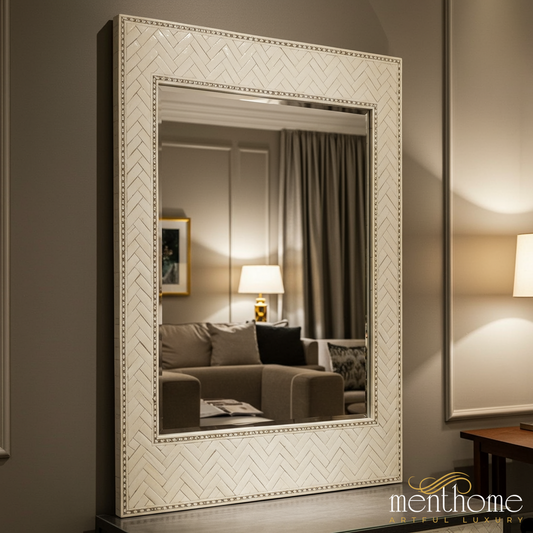 Elegant Decorative Wall Mirror with Herringbone Pattern Frame | Luxury Handmade Mirror